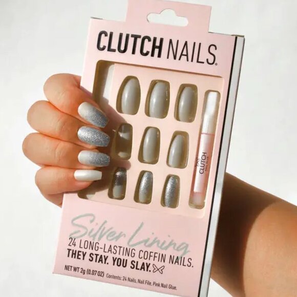 3for$20 NWT Clutch Nails Silver Lining 24 Reusable Square Nails - Picture 1 of 7